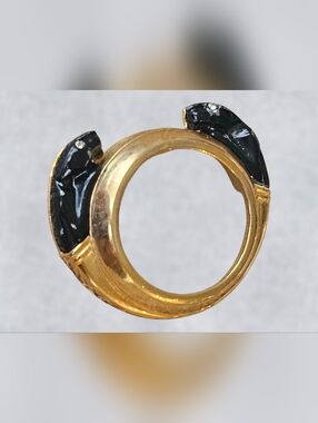 VINTAGE GOLD TONE BLACK ENAMEL CRYSTAL JEWELED EYE PANTHER HEAD BROOCH~ 2.25